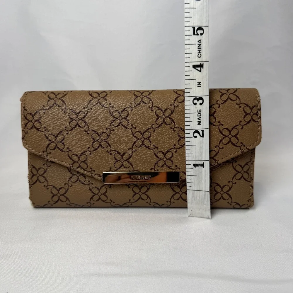 Nine West Wallet Womens OS Brown Monogram Logo Trifold Slim Organizer Clutch